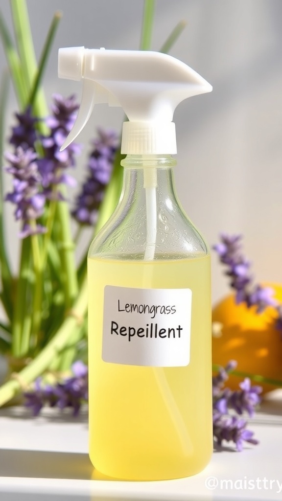 A spray bottle of DIY lemongrass bug repellent with fresh lemongrass and lavender in the background.